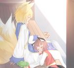  animal_ears blonde_hair brown_hair cat_ears cat_tail chen closed_eyes fox_tail hat hat_removed headwear_removed lap_pillow lying lying_on_person multiple_girls multiple_tails on_side sakurea sandals short_hair sitting sleeping sleeping_on_person tail thumb_sucking touhou yakumo_ran 