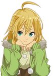  ahoge blonde_hair blush chin_rest coat green_eyes highres hoshii_miki idolmaster idolmaster_(classic) long_hair looking_at_viewer matsuse_daichi smile solo 