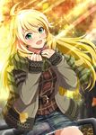  :d ahoge belt blonde_hair blush denim denim_shorts green_eyes highres hina_(araburu-hinadori) hoshii_miki idolmaster idolmaster_(classic) long_hair looking_at_viewer md5_mismatch open_mouth scarf shorts smile solo striped striped_scarf 