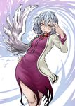  hand_on_hip hand_over_eye kishin_sagume pose red_eyes single_wing solo tongue tongue_out toritora touhou uneven_eyes white_hair wings 