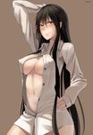  absurdres black_hair blush breasts center_opening covered_nipples dress_shirt hagoromo_gitsune hand_on_hip hand_on_own_head highres large_breasts long_hair naked_shirt noccu nurarihyon_no_mago shirt solo unbuttoned very_long_hair 