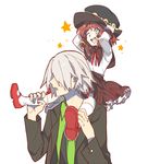  1girl black_hat blue_eyes carrying dezel_(tales) hat open_mouth red_hair rose_(tales) short_hair shoulder_carry smile tales_of_(series) tales_of_zestiria white_hair yanzhan younger 