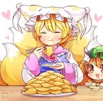  :3 aburaage animal_ears blonde_hair brown_eyes brown_hair cat_ears chen chopsticks closed_eyes commentary_request eating food fox_tail hat heart ibaraki_natou long_sleeves mob_cap multiple_girls multiple_tails open_mouth pillow_hat plate smile table tail touhou wide_sleeves yakumo_ran 