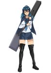  black_footwear black_legwear blue_hair boots copyright_request full_body long_hair sasebono_mari school_uniform serafuku simple_background skirt solo thigh_boots thighhighs white_background yellow_eyes zettai_ryouiki 