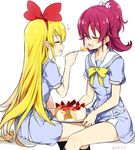  2girls :d ^_^ aida_mana blonde_hair cake closed_eyes commentary_request dated dokidoki!_precure dress feeding food from_side hairband long_hair minatsuki_randoseru multiple_girls oogai_daiichi_middle_school_uniform open_mouth pink_hair precure profile regina_(dokidoki!_precure) sailor_collar sailor_dress school_uniform short_hair short_sleeves simple_background smile spoon white_background white_sailor_collar 