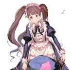  apron basket black_neckwear black_ribbon bow brown_hair closed_mouth cowboy_shot dorothy_(granblue_fantasy) dress eighth_note frills granblue_fantasy highres humming juliet_sleeves long_hair long_sleeves maid_headdress musical_note nanase_miri neck_ribbon puffy_sleeves purple_eyes ribbon simple_background smile solo twintails very_long_hair white_background 
