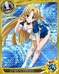  ahoge asia_argento bent_over bishop_(chess) blonde_hair bow bowtie breasts card_(medium) character_name chess_piece cleavage collarbone eyebrows eyebrows_visible_through_hair green_eyes hand_on_own_knee high_school_dxd long_hair looking_at_viewer medium_breasts official_art red_bow smile solo trading_card 