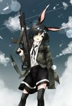  animal_ears assault_rifle black_hair black_legwear blue_sky bunny_ears bushmaster_acr cloud goggles goggles_on_head gorilla_(bun0615) green_eyes gun highres jacket long_sleeves masada_acr open_clothes open_jacket open_mouth original rifle shirt skirt sky smile solo thighhighs thighs weapon zettai_ryouiki 