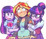  arm_hug blush cropped_jacket dual_persona glasses hair_bun jealous locked_arms long_hair multicolored_hair multiple_girls my_little_pony my_little_pony_equestria_girls my_little_pony_friendship_is_magic orange_hair purple_eyes purple_hair purple_skin sanjiro_(tenshin_anman) school_uniform shirt skirt streaked_hair sunset_shimmer sweat t-shirt twilight_sparkle upper_body wavy_mouth yuri 