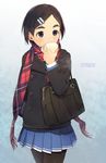  bad_id bad_twitter_id bag baozi black_hair black_legwear character_name coat eating eyebrows food hair_ornament hairclip hand_in_pocket highres idolmaster idolmaster_cinderella_girls matsuo_chizuru necktie pantyhose plaid plaid_scarf pleated_skirt purple_eyes scarf school_bag school_uniform short_hair skirt solo teiryoku_lolita thick_eyebrows winter_clothes 