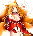  ahoge animal_ears blonde_hair blush breasts choker cleavage collarbone commentary fang fox_ears fox_tail green_eyes heart hoshii_miki idolmaster idolmaster_(classic) japanese_clothes kimono large_breasts long_hair multiple_tails off_shoulder open_mouth serino_itsuki smile solo spoken_heart tail 