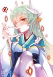  aqua_hair fate/grand_order fate_(series) horns japanese_clothes kimono kiyohime_(fate/grand_order) long_hair looking_at_viewer puyue snake solo thighhighs yellow_eyes 