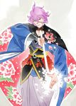  blue_eyes flower hwei japanese_clothes kasen_kanesada katana male_focus petals purple_hair smile solo sword touken_ranbu weapon 