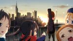  akiyama_mio black_hair blonde_hair blue_eyes blurry brown_eyes brown_hair cityscape commentary_request depth_of_field hairband highres hirasawa_yui k-on! kotobuki_tsumugi kotori_photobomb long_hair multiple_girls nakano_azusa scarf scenery short_hair tainaka_ritsu twintails xiao_ren 