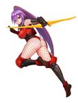  ass bass386 boots bow_(weapon) breasts covered_nipples dragon_yukano fishnets from_behind full_body gauntlets highres japanese_clothes large_breasts long_hair ninja ninja_slayer ponytail purple_eyes purple_hair scarf solo very_long_hair weapon white_background 
