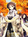  architecture ashermes autumn_leaves brown_eyes brown_hair commentary_request dragon_print east_asian_architecture fish floral_print hair_ribbon japanese_clothes kimono leaf multiple_girls original ribbon scarf scroll sleeveless smile tattoo 