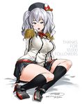  artist_name black_legwear blue_eyes blush breasts dated epaulettes followers full_body hat highres kantai_collection kashima_(kantai_collection) kerchief kneehighs large_breasts looking_at_viewer military military_uniform miniskirt open_mouth signature silver_hair simple_background skirt solo tachibana_roku thank_you twintails uniform wavy_hair white_background 