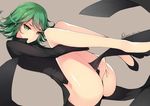  2015 :o artist_name ass bangs bare_legs black_dress black_footwear brown_background curly_hair dated dean dress green_eyes green_hair highres legs_up long_sleeves looking_at_viewer md5_mismatch no_panties one-punch_man open_mouth panties shoes short_hair side_slit signature simple_background solo tatsumaki underwear 