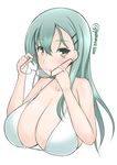  8000 aqua_hair bikini blush breasts brown_eyes cleavage commentary_request eyewear_removed glasses green_hair hair_ornament hairclip holding holding_eyewear kantai_collection large_breasts long_hair looking_at_viewer parted_lips simple_background solo strap_gap suzuya_(kantai_collection) swimsuit twitter_username upper_body white_background white_bikini 