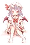  bat_wings blush bow brooch full_body hat hat_bow jewelry lavender_hair mob_cap open_mouth pointy_ears red_eyes remilia_scarlet sash shize_(coletti) sitting solo touhou wings 