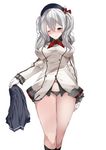  akiha_(attract) ascot bad_id bad_twitter_id black_legwear black_panties blush breasts breasts_apart frilled_legwear gloves hat kantai_collection kashima_(kantai_collection) large_breasts military military_jacket military_uniform navel no_bra one_eye_closed panties pleated_skirt shirt silver_hair simple_background skirt skirt_removed smile solo taut_clothes taut_shirt thighs tsurime twintails underwear uniform wavy_hair white_background white_gloves 