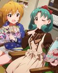  ;) ahoge artist_request brown_eyes brown_hair dress green_hair hair_ribbon ibuki_tsubasa idolmaster idolmaster_million_live! looking_at_viewer messy_hair multiple_girls official_art one_eye_closed red_eyes ribbon short_hair smile tenkuubashi_tomoka tokugawa_matsuri 