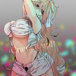  arched_back arms_up bad_id bad_pixiv_id bandeau black_panties blonde_hair blue_eyes blurry bokeh bracelet breasts dancing depth_of_field hands_in_hair hjm jewelry kyoukaisenjou_no_horizon large_breasts long_hair mary_stuart micro_panties midriff navel open_clothes open_fly open_vest panties pantyshot pantyshot_(standing) short_shorts shorts sleeveless solo standing strapless underboob underwear unzipped very_long_hair vest 