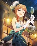  ;d alcohol artist_request brown_eyes brown_hair champagne dress flower gloves hair_flower hair_ornament idolmaster idolmaster_million_live! looking_at_viewer microphone microphone_stand official_art one_eye_closed open_mouth smile solo tenkuubashi_tomoka white_gloves 