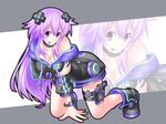  adult_neptune bare_shoulders blush breasts d-pad d-pad_hair_ornament full_body hair_ornament hechima-bushi highres hood hooded_track_jacket jacket large_breasts long_hair looking_at_viewer neptune_(series) purple_eyes purple_hair shin_jigen_game_neptune_vii solo tongue tongue_out track_jacket 