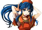  adjusting_hair blue_eyes blue_hair blush capelet dark_blue_hair fire_emblem fire_emblem:_fuuin_no_tsurugi hands_on_own_head hat jewelry lilina long_hair simple_background smile solo white_background youzu 