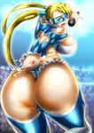  aqua_eyes ass bad_id bad_pixiv_id blonde_hair blue_leotard breasts heart_cutout highres huge_breasts leotard long_hair looking_at_viewer looking_back mask microphone muscle muscular_female numb rainbow_mika solo street_fighter street_fighter_v thong twintails very_long_hair 