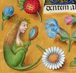  1497 15th_century anthro breasts female flower fruit hair human hybrid lizard magnifying_glass mammal medieval_art petals plant reptile scalie strawberry wreath 