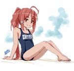  2015 4suke ahoge arms_behind_back artist_name bare_arms bare_legs barefoot blush dated hair_ornament i-168_(kantai_collection) kantai_collection leaning_back long_hair name_tag one-piece_swimsuit ponytail red_eyes red_hair school_swimsuit sitting smile solo swimsuit 