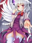  angel_wings blush bow brooch dress feathers groin highres jacket jewelry kishin_sagume long_sleeves looking_at_viewer no_panties open_clothes open_jacket outstretched_hand pink_eyes purple_dress see-through short_dress silver_hair single_wing solo thighhighs tokoya_(ex-hetare) touhou white_legwear wings 