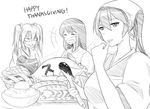  akagi_(kantai_collection) anger_vein bread drooling english food greyscale kaga_(kantai_collection) kantai_collection long_hair meat monochrome multiple_girls muneate pie side_ponytail thanksgiving trolling turkey_(food) twintails wangphing zuikaku_(kantai_collection) 