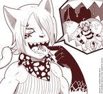  2013 anthro ascot cat close-up clothed clothing collar crying drooling english_text fairy_tail feline female fur gen hair imminent_vore incredibleediblecalico jackal_(fairy_tail) male mammal pants saliva shirt size_difference slit_pupils smile spots tears text tongue tongue_out vore wet 