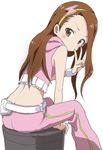  ass brown_eyes brown_hair butt_crack from_side hairband highres idolmaster idolmaster_(classic) lightning_bolt long_hair looking_at_viewer midriff minase_iori pink_diamond_765 simple_background sitting sleeveless solo v white_background yamamoto_souichirou 