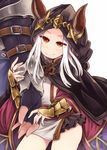  1girl amagaeru_(hylathewet) animal_ears arm_hug belt bridal_gauntlets cape cat_ears cloak commentary_request dress ears_through_headwear gauntlets granblue_fantasy hood hooded_cloak long_hair looking_at_viewer naoise orange_eyes out_of_frame scathacha_(granblue_fantasy) silver_hair simple_background smile white_background white_dress 
