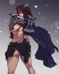  armor ass axe barbarian bracelet brown_hair cape commentary downscaled feguimel highres jewelry long_hair looking_at_viewer looking_back no_bra no_panties original pelt resized snowing solo weapon 