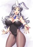  :d animal_ears bangs bare_shoulders between_breasts blue_neckwear blush breasts brown_legwear bunny_ears bunny_girl bunnysuit covered_navel cowboy_shot curvy detached_collar fake_animal_ears huge_breasts long_hair looking_at_viewer nagase_haruhito necktie necktie_between_breasts open_mouth original outstretched_arms pantyhose purple_eyes silver_eyes silver_hair simple_background smile solo strapless thick_thighs thighs white_background wrist_cuffs 
