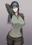  arm_behind_head black_hair breasts cargo_pants elf green_eyes green_shirt hetza_(hellshock) huge_breasts long_hair looking_to_the_side original pants pointy_ears shirt solo 