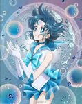  bishoujo_senshi_sailor_moon blue_bow blue_choker blue_eyes blue_hair blue_sailor_collar blue_skirt bow choker cowboy_shot earrings elbow_gloves facial_mark forehead_mark gem gloves jewelry mercury_symbol mizuno_ami pearl sailor_collar sailor_mercury sailor_senshi_uniform sapphire_(stone) short_hair skirt solo water white_gloves 