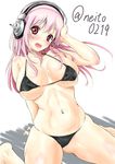  arm_support bikini black_bikini blush breasts cleavage commentary_request headphones kimura_neito large_breasts long_hair looking_at_viewer navel nitroplus open_mouth pink_eyes pink_hair sitting skindentation solo super_sonico swimsuit twitter_username wariza white_background 