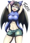  &lt;3 2015 anthro big_breasts black_hair black_skin blue_eyes blue_fur breasts brown_fur canine clothed clothing english_text female fox fur hair half-closed_eyes looking_at_viewer mammal midriff navel open_mouth pose raised_arm shorts simple_background slit_pupils smile solo tailzkim teeth text tongue white_background wings 