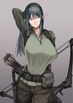  arm_behind_head belt black_hair bow_(weapon) breasts cargo_pants elf green_eyes green_shirt hetza_(hellshock) huge_breasts knife long_hair looking_to_the_side original pants pointy_ears pouch quiver shirt snap-fit_buckle solo utility_belt weapon 