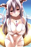  bare_shoulders between_breasts bikini blush breasts cloud crystal danua day draph granblue_fantasy hair_between_eyes horn_ornament horns jewelry large_breasts lifebuoy long_hair looking_at_viewer navel necklace ocean pointy_ears purple_hair red_eyes sitting sky solo swimsuit v_arms water yasui_riosuke 