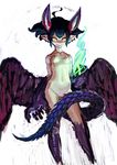  belly black_hair claws demon_girl jon_taira nude pointy_ears short_hair smile solo tail wings yellow_eyes 