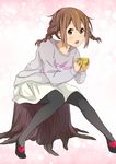  brown_eyes brown_hair cupcake food hirasawa_yui k-on! miro_(katsushikashibamata) pantyhose short_hair sitting sitting_on_tree_stump solo tree_stump 