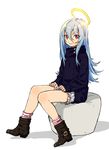  blue_hair full_body halo long_hair looking_at_viewer original red_eyes simple_background sitting smile solo white_background yukichi_(ohuton_zzz) 