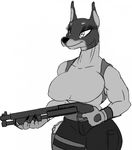  anthro breasts canine doberman dog female gun mammal ranged_weapon shotgun simple_background solo weapon white_background zxx3 